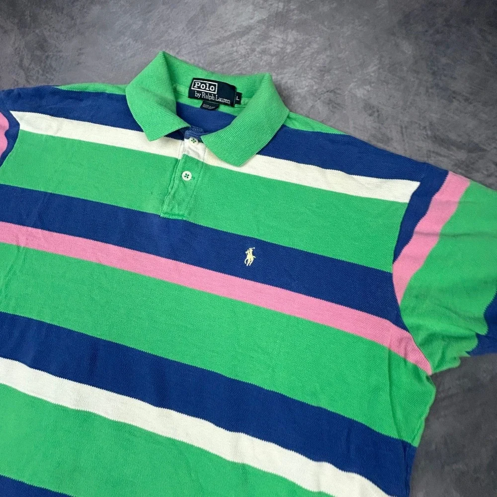 Vintage 90s Polo Ralph Lauren Striped Polo Shirt Green Blue Pink Mens Large L